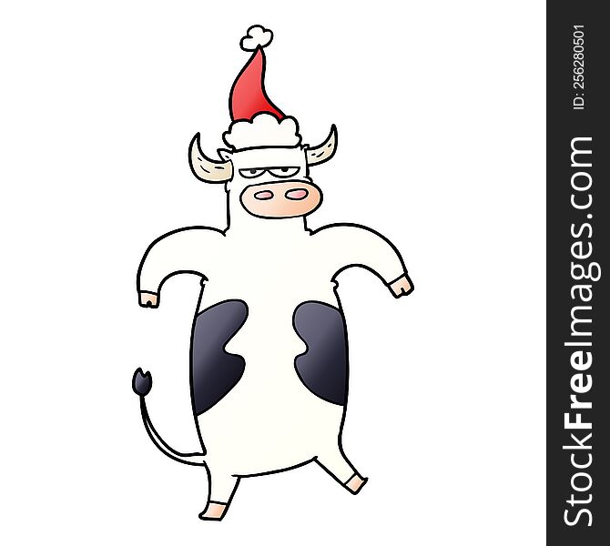 Gradient Cartoon Of A Bull Wearing Santa Hat