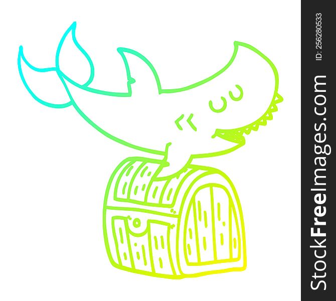 Cold Gradient Line Drawing Cartoon Shark Swimming Over Treasure Chest