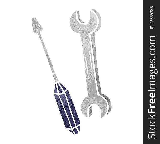 Retro Cartoon Doodle Of A Spanner And A Screwdriver
