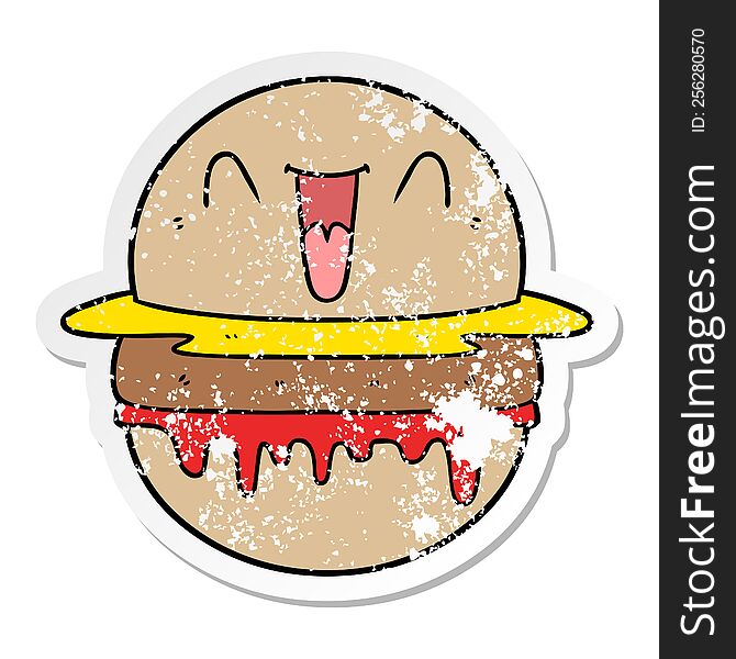 Distressed Sticker Of A Cartoon Happy Burger