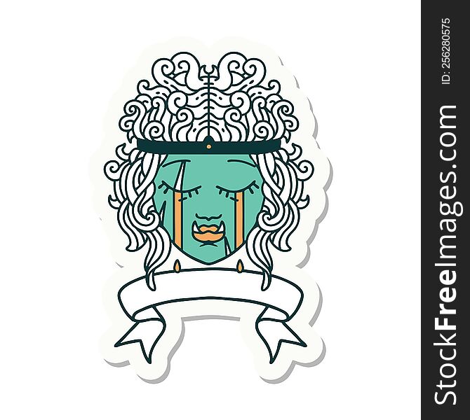 sticker of a crying orc barbarian character face with banner. sticker of a crying orc barbarian character face with banner