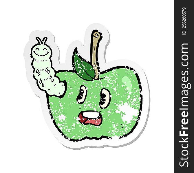 Retro Distressed Sticker Of A Cartoon Apple With Bug
