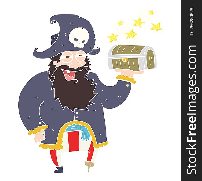 flat color illustration of a cartoon pirate captain with treasure chest