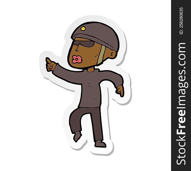 sticker of a cartoon man in bike helmet pointing