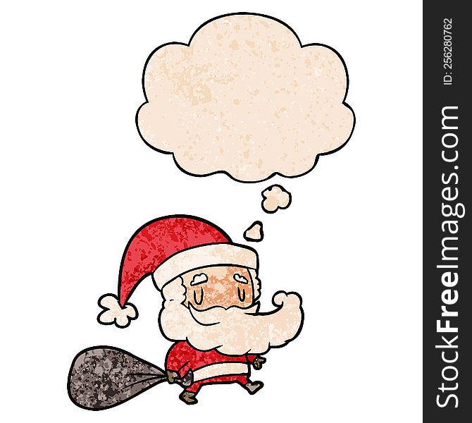 cartoon santa claus with sack with thought bubble in grunge texture style. cartoon santa claus with sack with thought bubble in grunge texture style