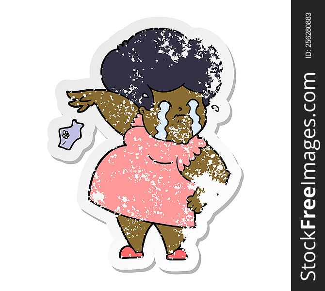 distressed sticker of a cartoon crying woman dropping handkerchief