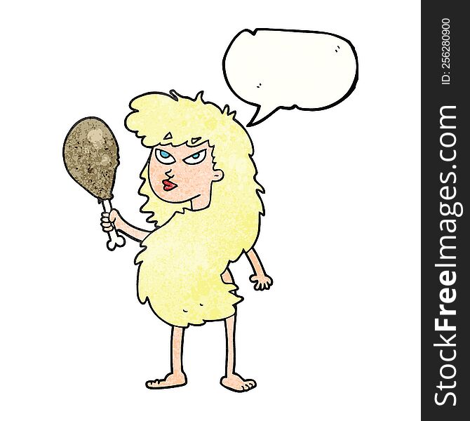freehand speech bubble textured cartoon cavewoman with meat