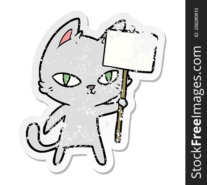 Distressed Sticker Of A Cartoon Cat Waving Sign