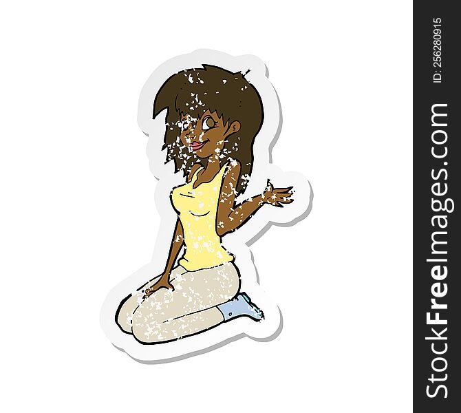 Retro Distressed Sticker Of A Cartoon Pretty Girl Waving