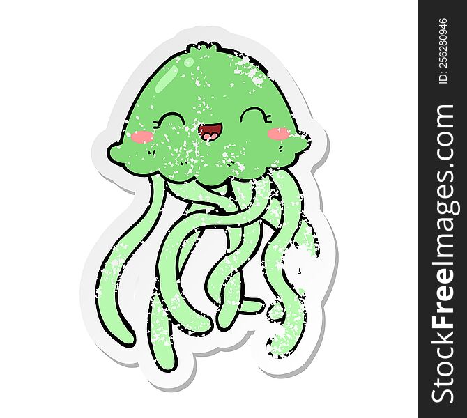 distressed sticker of a cute cartoon jellyfish