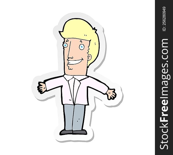 sticker of a cartoon grining man with open arms
