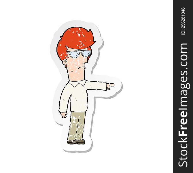 retro distressed sticker of a cartoon man in glasses pointing