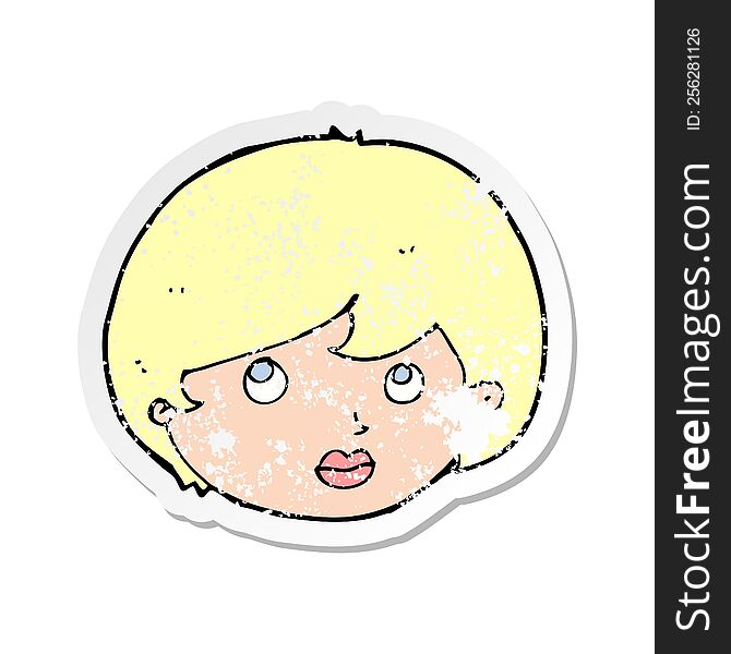 retro distressed sticker of a cartoon female face looking upwards