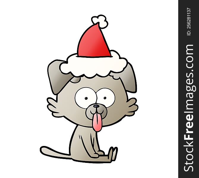 Gradient Cartoon Of A Sitting Dog With Tongue Sticking Out Wearing Santa Hat