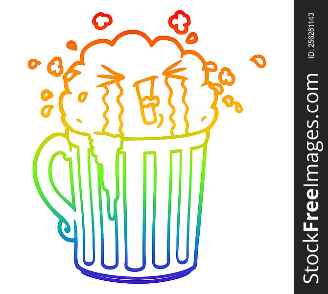 rainbow gradient line drawing of a cartoon mug of beer crying
