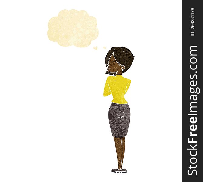 cartoon businesswoman ignoring with thought bubble