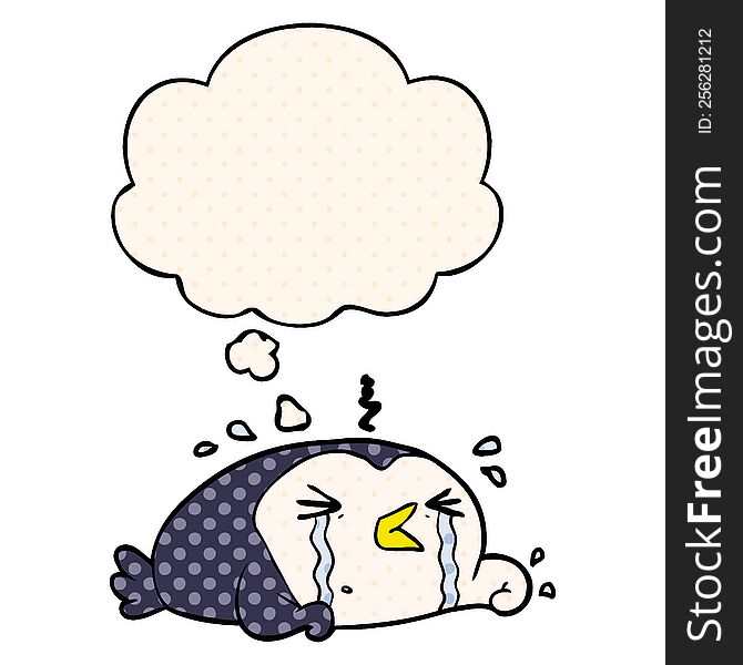 Cartoon Crying Penguin And Thought Bubble In Comic Book Style