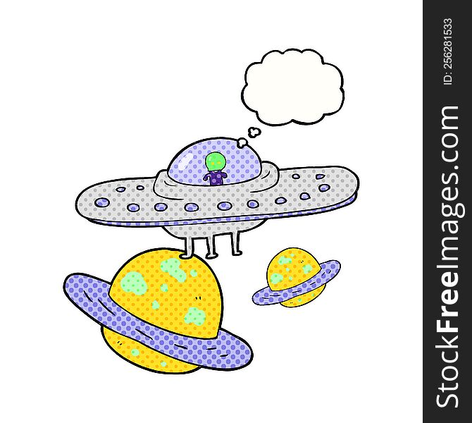 freehand drawn thought bubble cartoon flying saucer in space