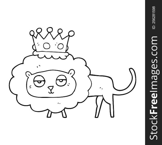 freehand drawn black and white cartoon lion with crown