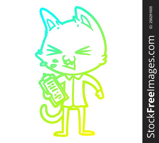 cold gradient line drawing of a cartoon salesman cat hissing
