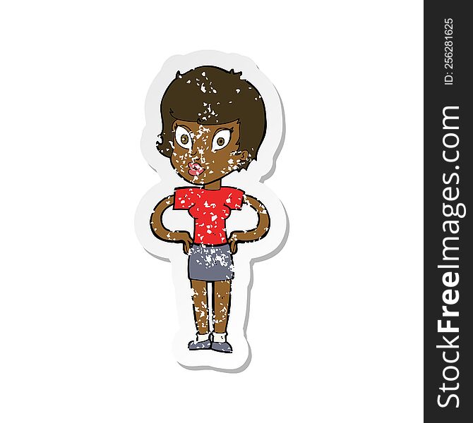 Retro Distressed Sticker Of A Cartoon Woman With Hands On Hips