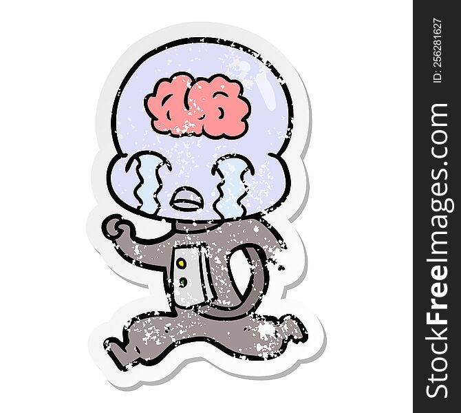 distressed sticker of a cartoon big brain alien crying running