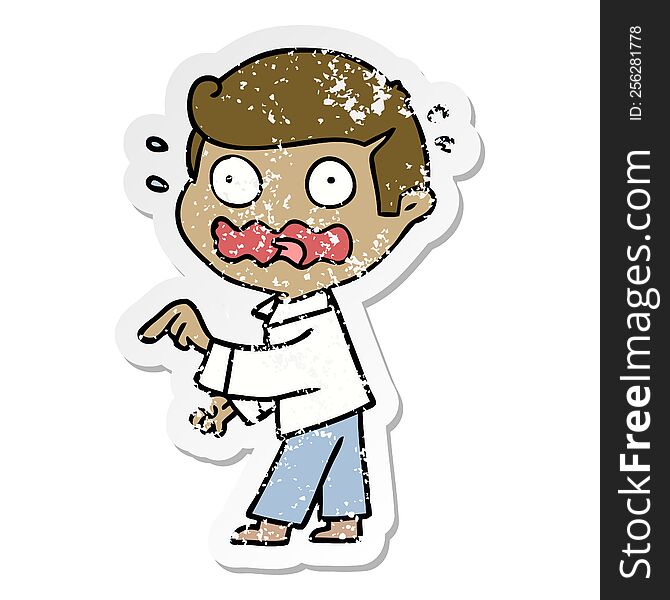 distressed sticker of a cartoon stressed out pointing