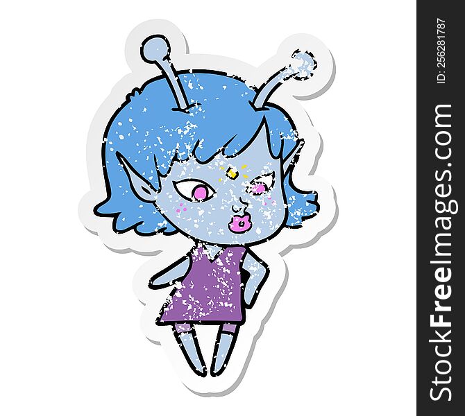 distressed sticker of a pretty cartoon alien girl