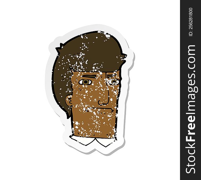 retro distressed sticker of a cartoon man narrowing eyes