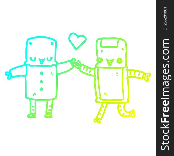 cold gradient line drawing of a cartoon robots in love