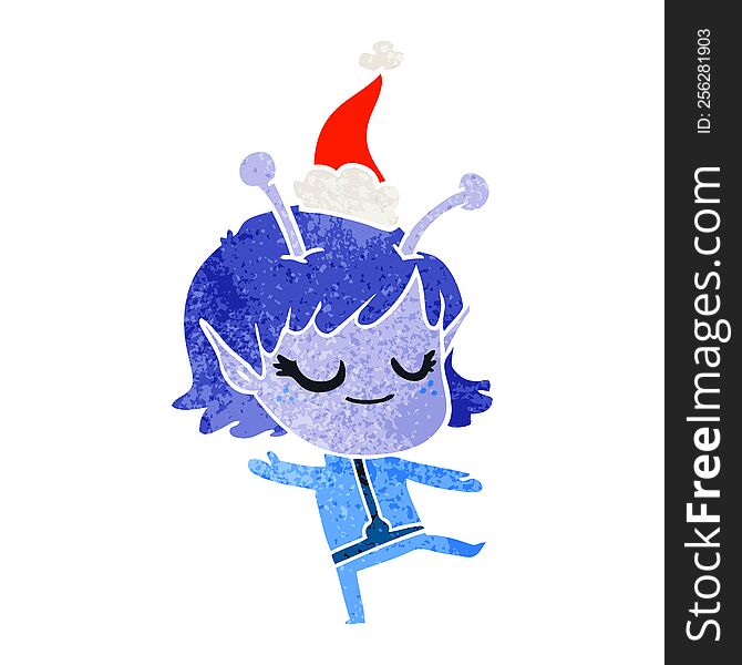 Smiling Alien Girl Retro Cartoon Of A Wearing Santa Hat