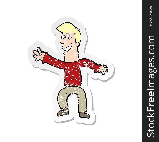 Retro Distressed Sticker Of A Cartoon Happy Man Dancing