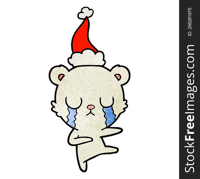 crying polar bear hand drawn textured cartoon of a wearing santa hat. crying polar bear hand drawn textured cartoon of a wearing santa hat
