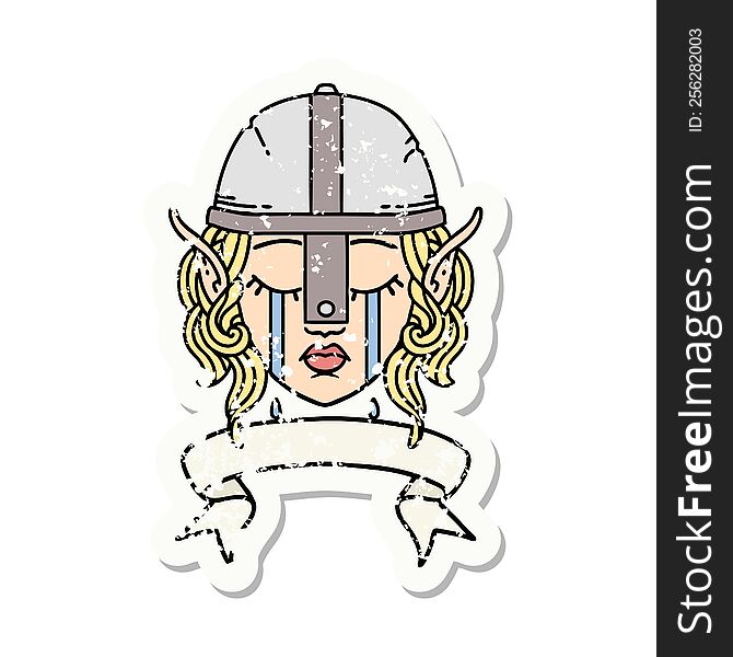 Retro Tattoo Style crying elf fighter character face with banner. Retro Tattoo Style crying elf fighter character face with banner