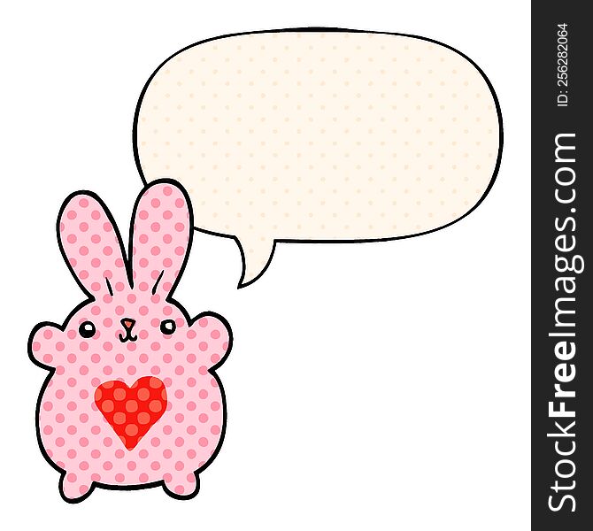 Cute Cartoon Rabbit And Love Heart And Speech Bubble In Comic Book Style