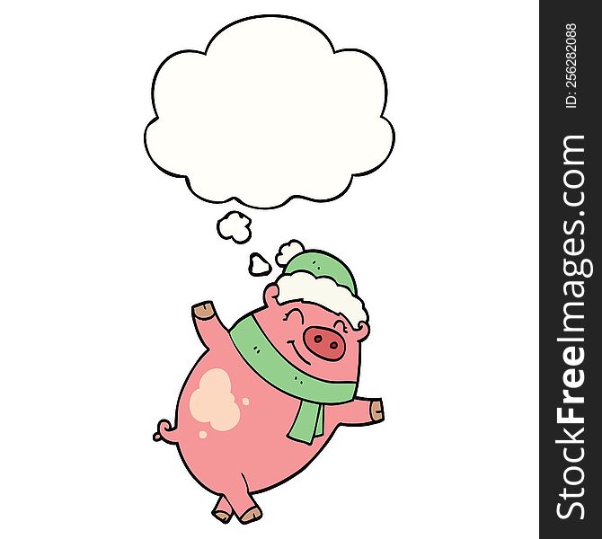 Cartoon Pig Wearing Christmas Hat And Thought Bubble