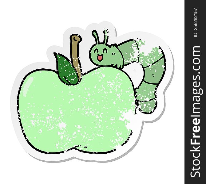 Distressed Sticker Of A Cartoon Apple And Bug