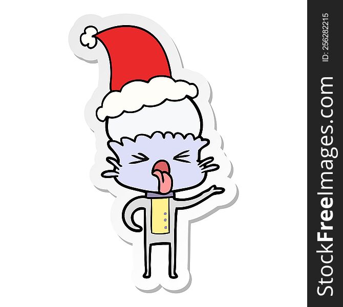disgusted hand drawn sticker cartoon of a alien wearing santa hat. disgusted hand drawn sticker cartoon of a alien wearing santa hat