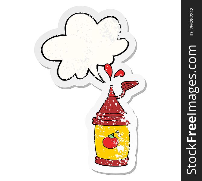 cartoon ketchup bottle with speech bubble distressed distressed old sticker. cartoon ketchup bottle with speech bubble distressed distressed old sticker