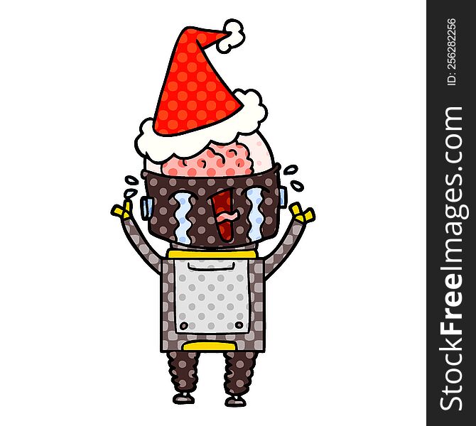 Comic Book Style Illustration Of A Crying Robot Wearing Santa Hat