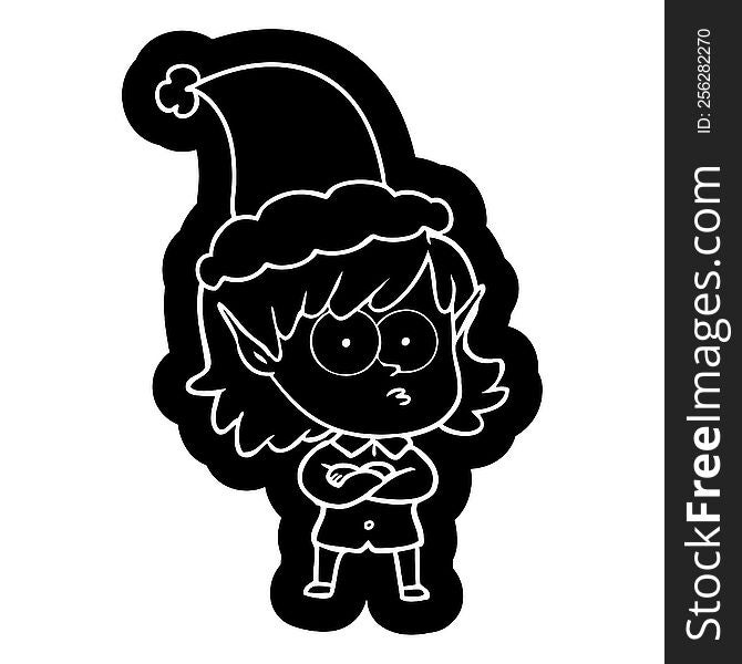 quirky cartoon icon of a elf girl staring wearing santa hat