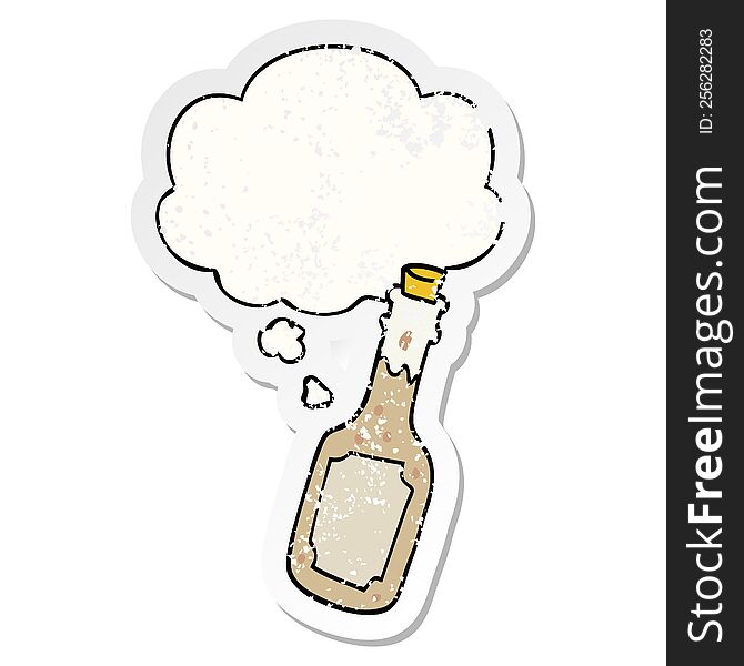 Cartoon Beer Bottle And Thought Bubble As A Distressed Worn Sticker