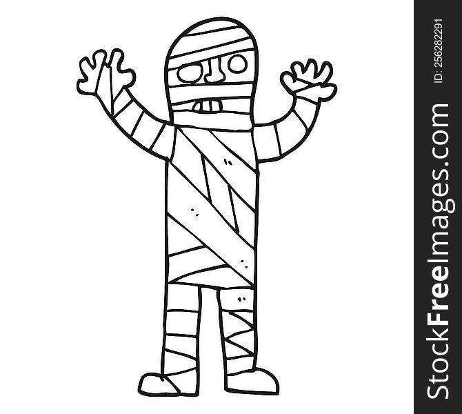 freehand drawn black and white cartoon bandaged mummy