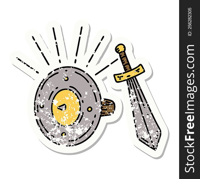 Grunge Sticker Of Tattoo Style Shield And Sword