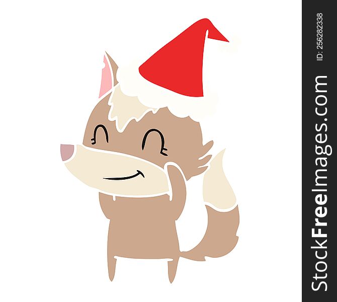 friendly hand drawn flat color illustration of a wolf wearing santa hat. friendly hand drawn flat color illustration of a wolf wearing santa hat