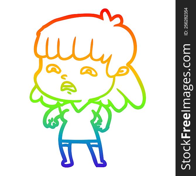 Rainbow Gradient Line Drawing Cartoon Worried Woman
