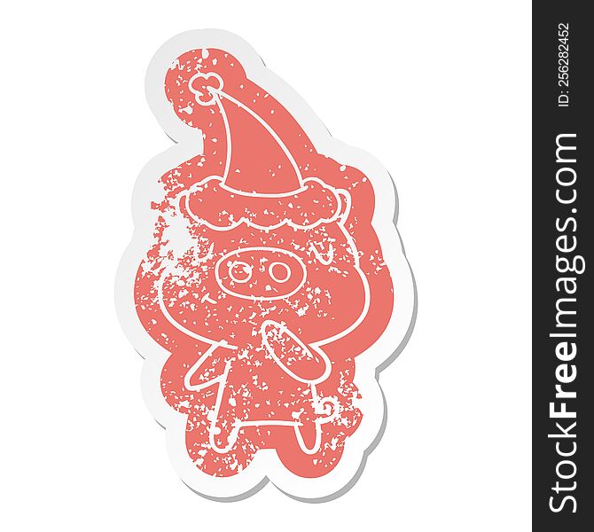 Cartoon Distressed Sticker Of A Content Pig Wearing Santa Hat
