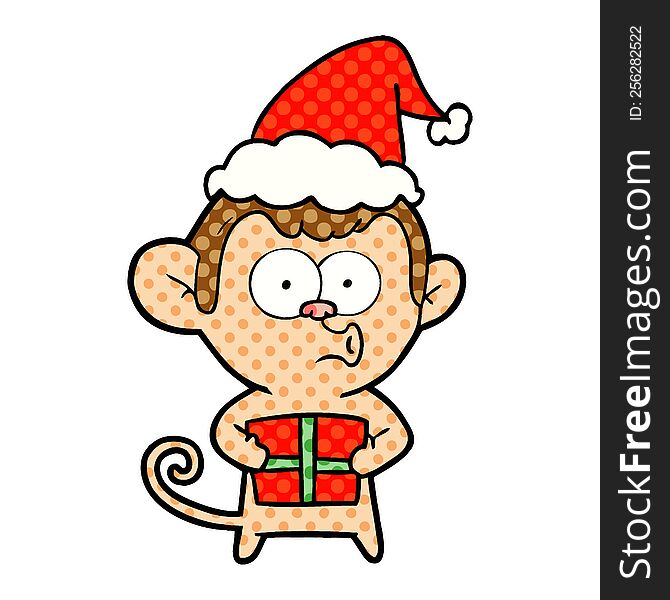 Comic Book Style Illustration Of A Christmas Monkey Wearing Santa Hat