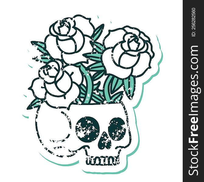 Distressed Sticker Tattoo Style Icon Of A Skull And Roses