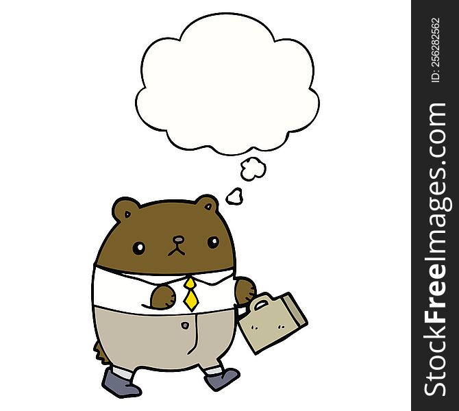 cartoon bear in work clothes with thought bubble